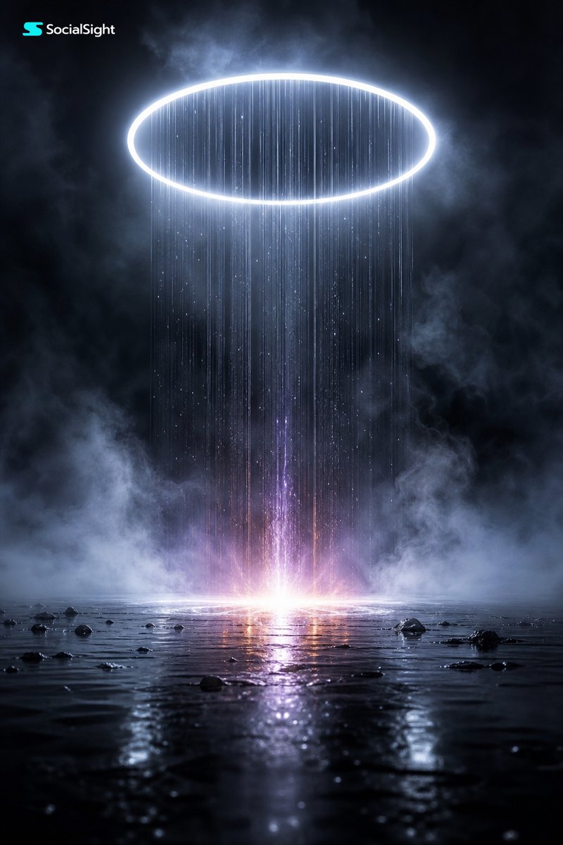 核心概念：一个超现实的科幻 / 神性能量场景，一个发光的圆形传送门或光环在黑暗的反射表面上方打开，向下射出一道垂直的光、雨或能量流，撞击到一个…, 图片 1