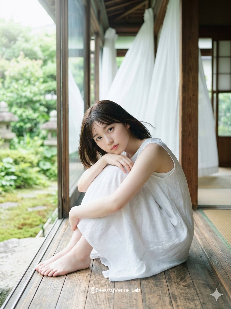 日本少女偶像,十八九岁至二十出头,坐在传统木质缘侧上,双膝抱至胸前,下巴轻搁膝上,双足裸露。面容纯净无瑕,皮肤透白如玻璃般莹润,泛着淡淡的自然…, 图片 1