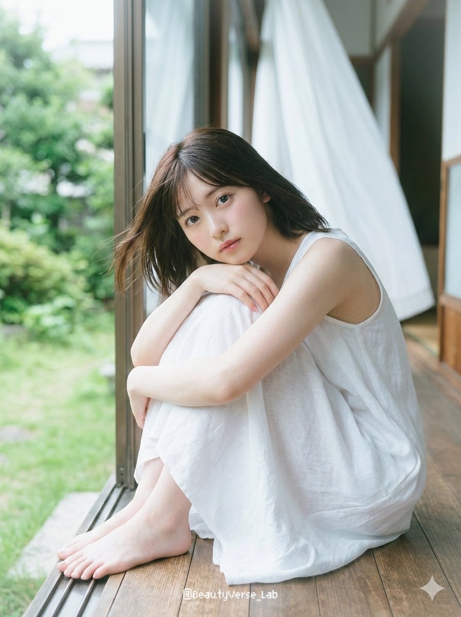 日本少女偶像,十八九岁至二十出头,坐在传统木质缘侧上,双膝抱至胸前,下巴轻搁膝上,双足裸露。面容纯净无瑕,皮肤透白如玻璃般莹润,泛着淡淡的自然…, 图片 2