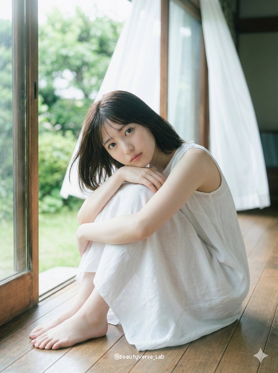 日本少女偶像,十八九岁至二十出头,坐在传统木质缘侧上,双膝抱至胸前,下巴轻搁膝上,双足裸露。面容纯净无瑕,皮肤透白如玻璃般莹润,泛着淡淡的自然…, 图片 3
