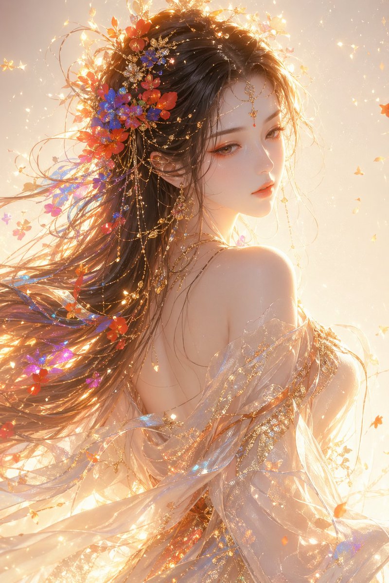 东方奇幻美学,女性半身肖像,回眸凝视,飘逸优雅的气质,柔和的神圣魅力,精致的面部特征,柔和低垂的目光,瓷白细腻的肌肤质感,淡淡的桃粉红晕并带有…, 图片 1