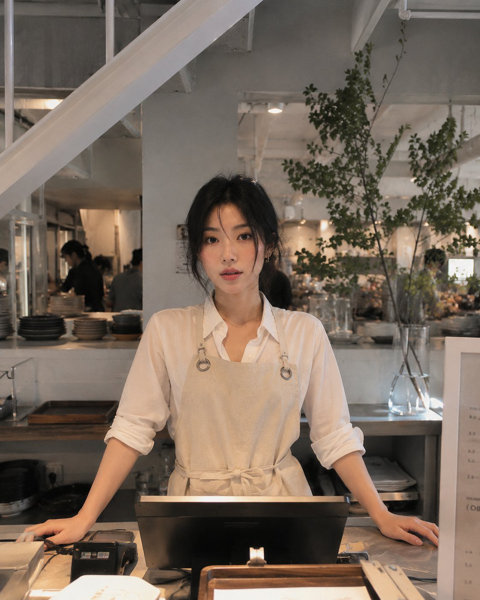 超写实电影级生活方式摄影:一位美丽的年轻女性在一家时尚现代咖啡馆担任餐厅员工。从柜台后方捕捉的动感侧面角度,她正向前伸手为顾客服务,自然的工作…, 图片 1