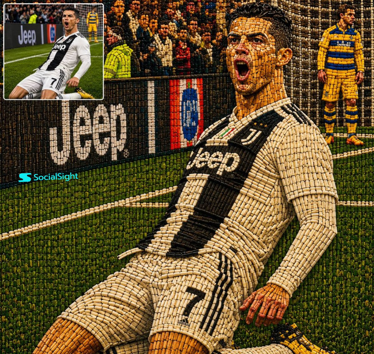 超精细 FIFA 世界杯葡萄牙足球传奇木质雕塑，灵感来自标志性的葡萄牙 7 号超级巨星，完全由数千根微型木棍、火柴、木块和手工马赛克碎片制作而…, 图片 1
