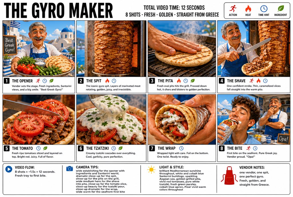 “为“THE GYRO MAKER（希腊烤肉卷大师）”制作一张清晰、简洁的信息图式分镜海报。宽幅 16:9 布局，白色背景，黑色边框，粗体黑色…, 图片 1