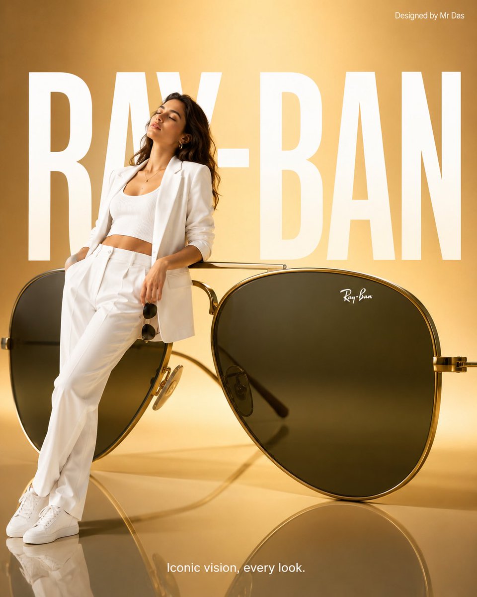 极简风格的商业广告，主打超大号 Ray-Ban 飞行员太阳镜，整体设计极致简洁。一位身穿全白色造型的年轻女子随意倚靠在巨大的太阳镜上，姿态放松…, 图片 1