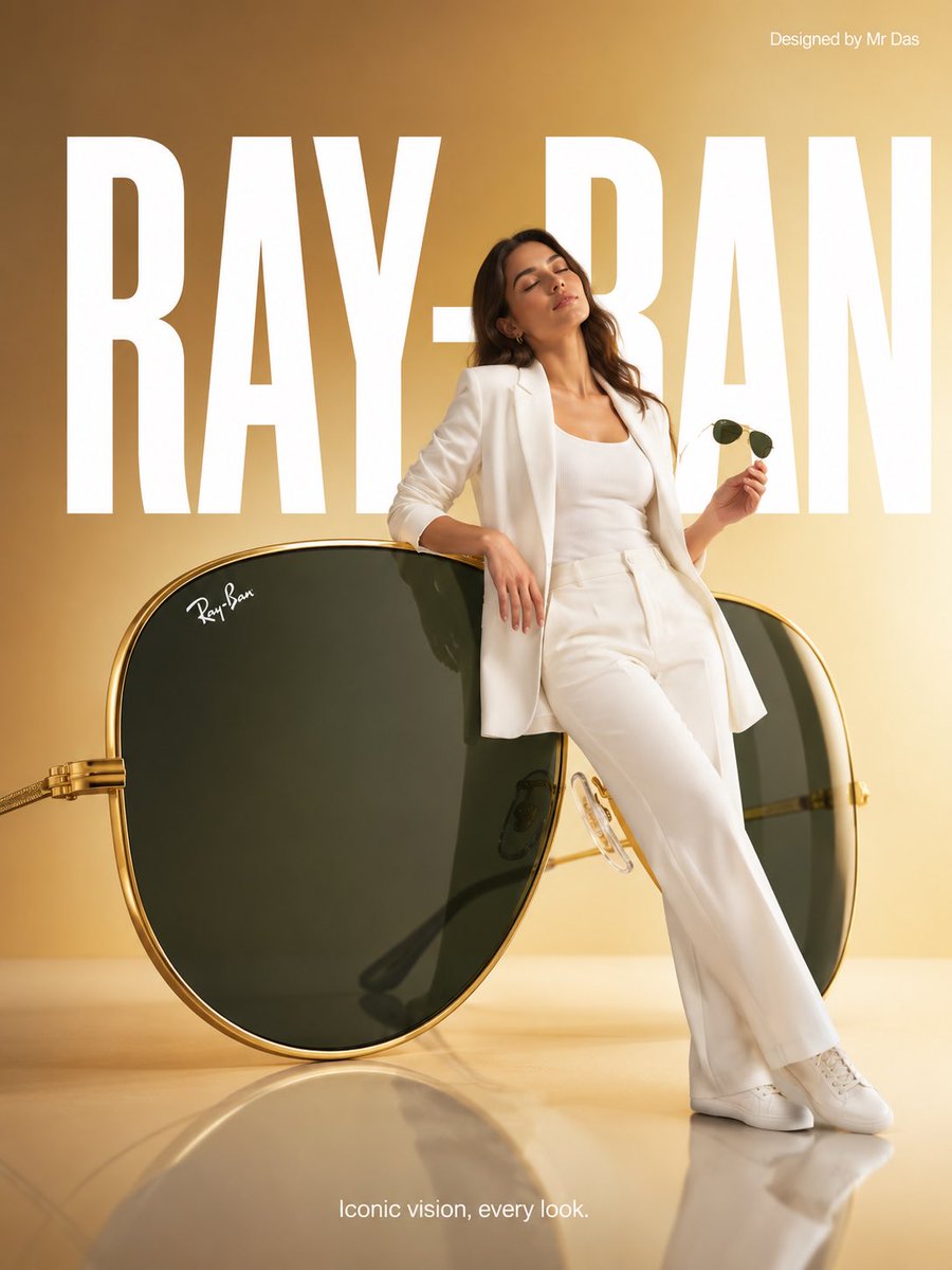 极简风格的商业广告，主打超大号 Ray-Ban 飞行员太阳镜，整体设计极致简洁。一位身穿全白色造型的年轻女子随意倚靠在巨大的太阳镜上，姿态放松…, 图片 2