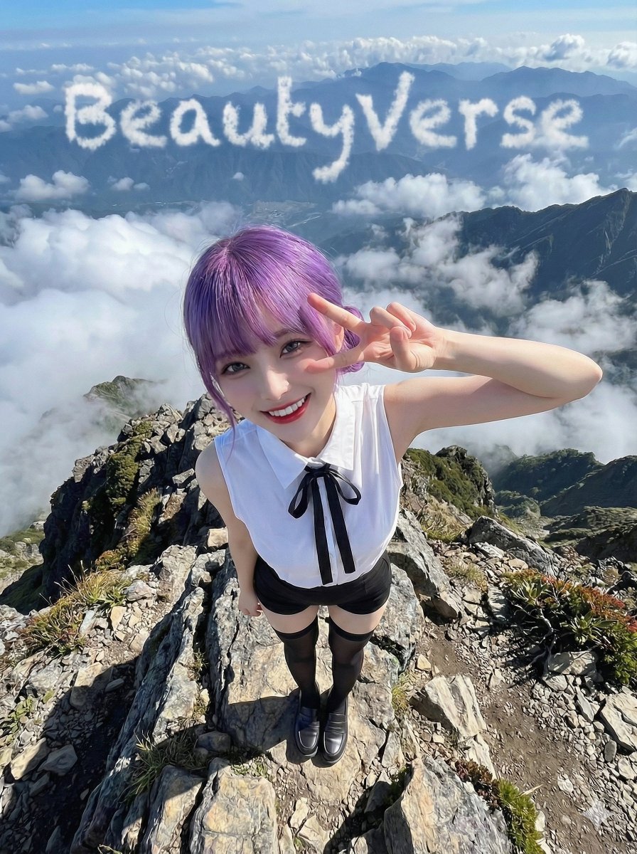极端高角度鸟瞰视角全身镜头，一位女性自信地站立在崎岖山峰之巅。她抬头望向镜头，目光明亮亲切，笑容愉快俏皮。她的右手举至眼部附近，做出清晰的和平…, 图片 1