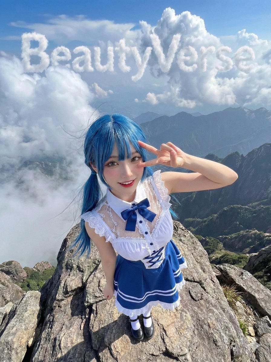 极端高角度鸟瞰视角全身镜头，一位女性自信地站立在崎岖山峰之巅。她抬头望向镜头，目光明亮亲切，笑容愉快俏皮。她的右手举至眼部附近，做出清晰的和平…, 图片 2
