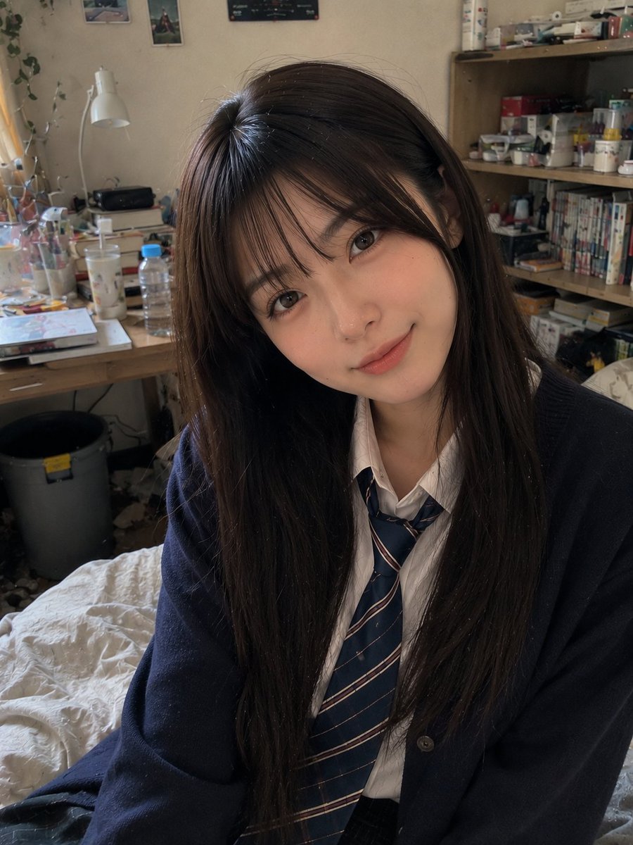美丽的年轻日本女性(22岁),留着长直深棕色头发和柔软的碎刘海,身穿海军蓝开衫、白色纽扣衬衫、条纹领带和深色格纹短裙,随意坐在一居公寓卧室里整…, 图片 1
