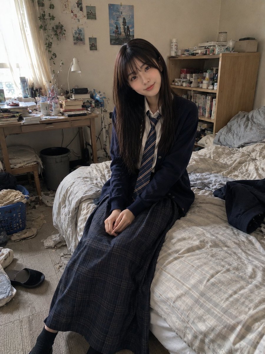 美丽的年轻日本女性(22岁),留着长直深棕色头发和柔软的碎刘海,身穿海军蓝开衫、白色纽扣衬衫、条纹领带和深色格纹短裙,随意坐在一居公寓卧室里整…, 图片 2