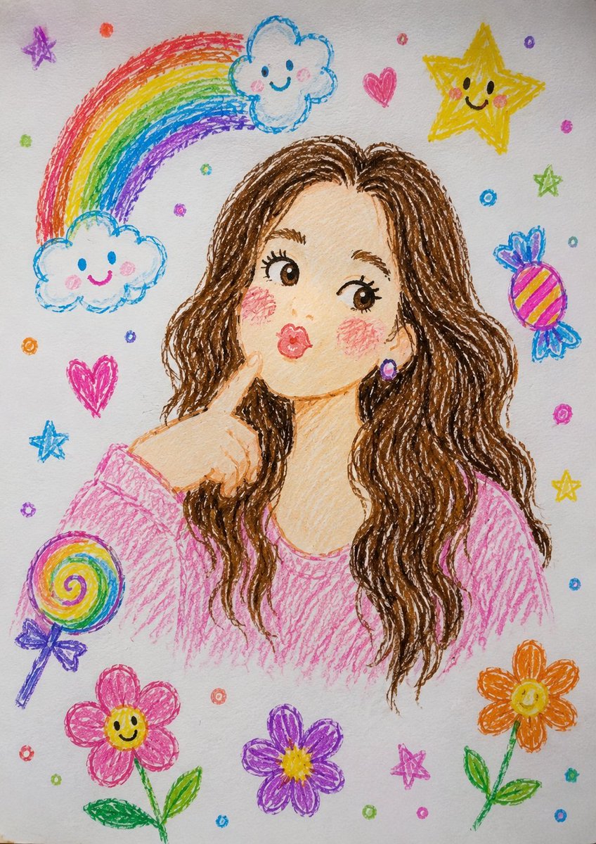 将这幅蜡笔画风格的插画转换为高度逼真的专业摄影作品。保持相同的姿势、面部表情、手势和构图。将画中角色转换为一个真实的年轻女性，具备自然的皮肤质…, 图片 1