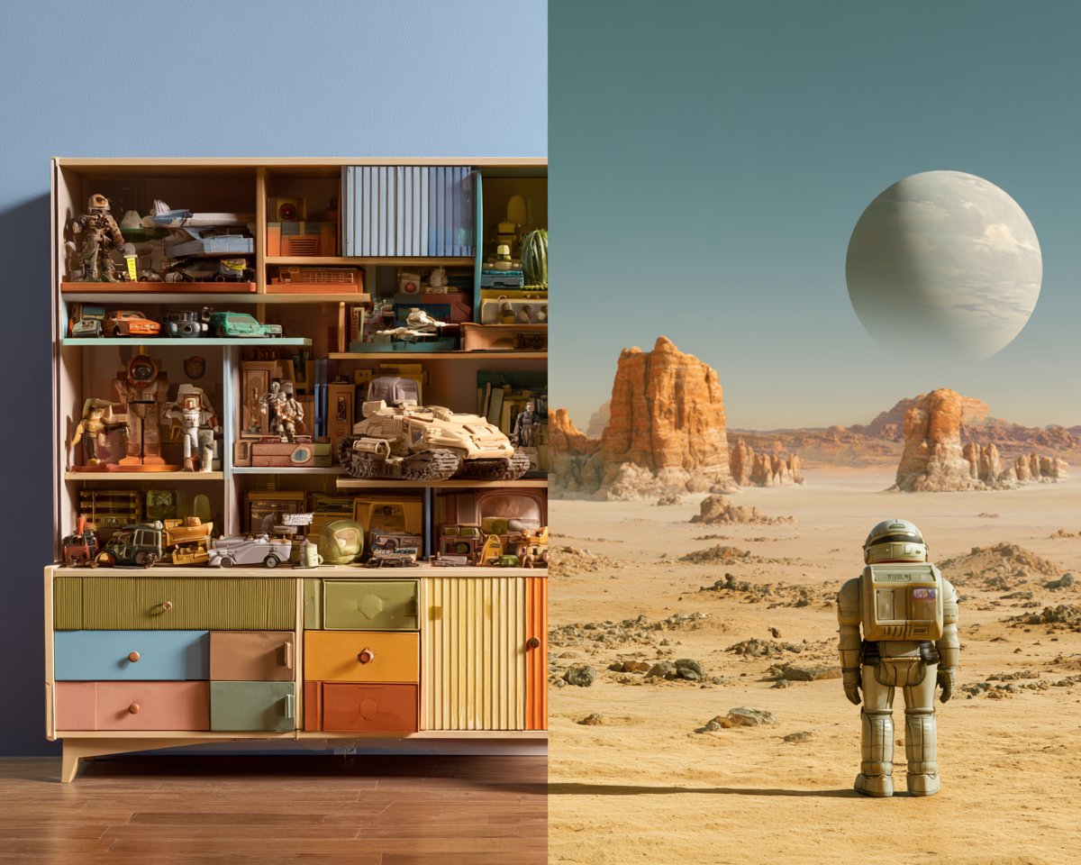 高级照片，原创复古科幻玩具架，展示宇宙英雄人偶、外星伙伴、水晶沼泽载具、古代遗迹和蒙面反派人偶，排列为一个连贯的玩具系列，彩色纸板行星背景，柔…, 图片 3