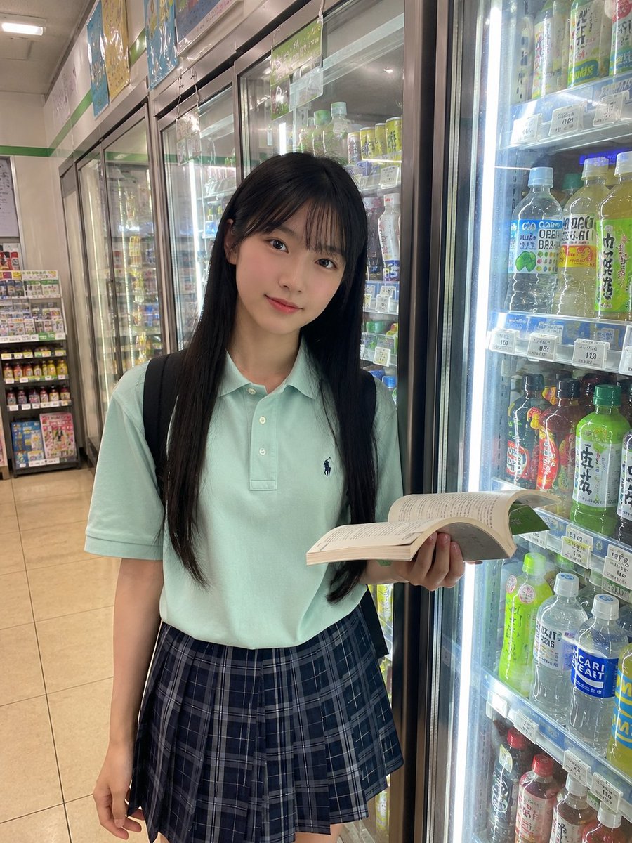 日本女孩，留着长直黑色头发和柔和的稀疏刘海，穿着薄荷绿色 polo 衫和蓝色格纹裙，随意地站在一家便利店装满色彩缤纷饮品的冰箱前。一只手拿着一…, 图片 1