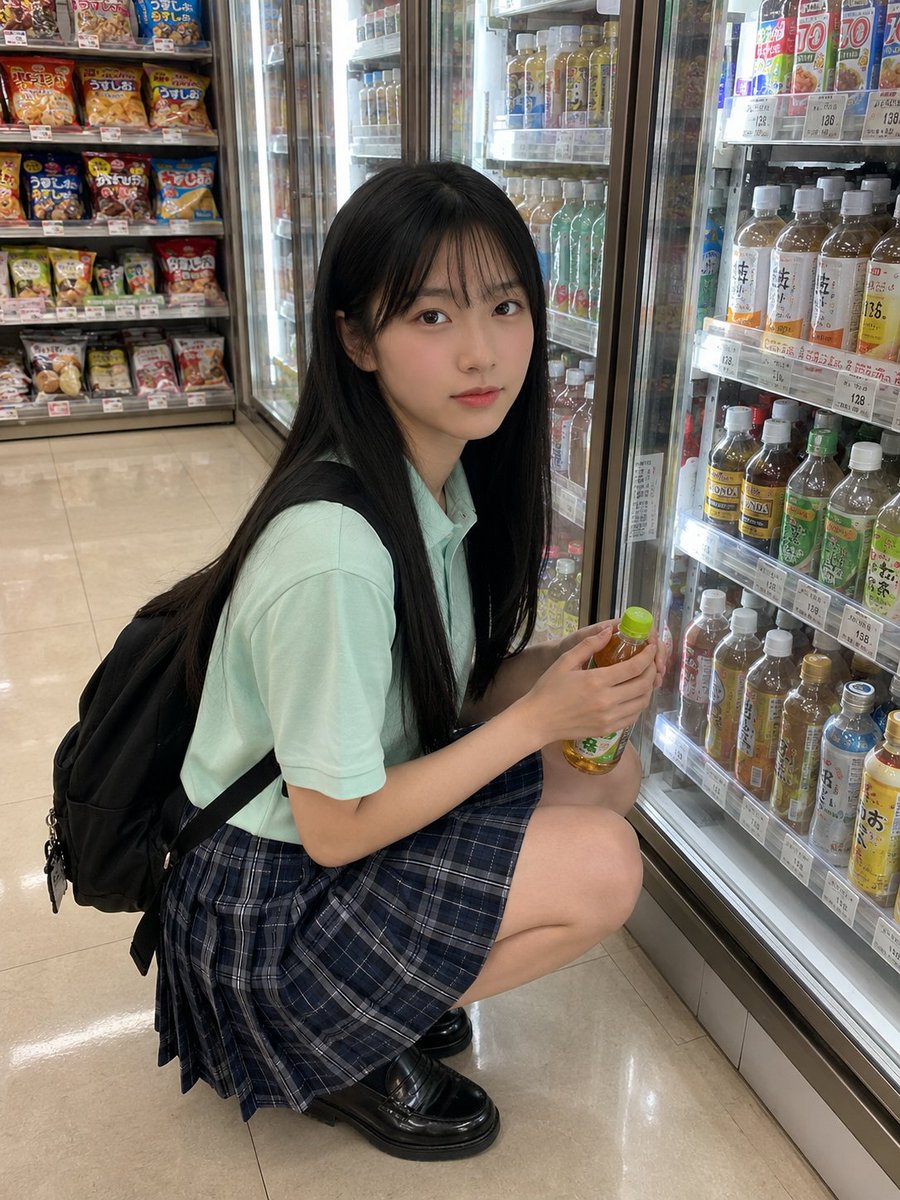 日本女孩，留着长直黑色头发和柔和的稀疏刘海，穿着薄荷绿色 polo 衫和蓝色格纹裙，随意地站在一家便利店装满色彩缤纷饮品的冰箱前。一只手拿着一…, 图片 2