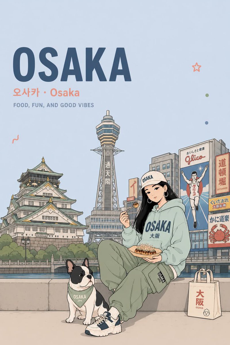动漫旅行海报插画,采用干净的粉彩美学风格,竖版构图。一位时尚年轻女性,长黑发,穿着印有城市主题的连帽衫、工装裤、运动鞋,戴着棒球帽,与一只可爱…, 图片 1
