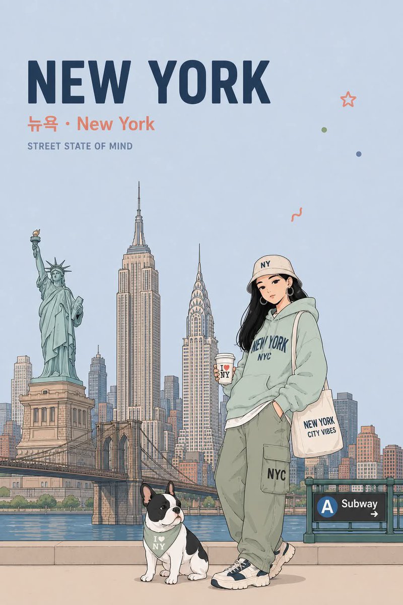动漫旅行海报插画,采用干净的粉彩美学风格,竖版构图。一位时尚年轻女性,长黑发,穿着印有城市主题的连帽衫、工装裤、运动鞋,戴着棒球帽,与一只可爱…, 图片 2