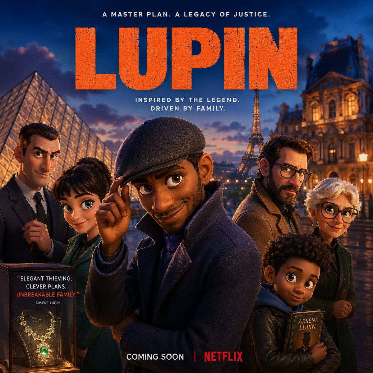 皮克斯风格的电影海报,重新构想电视剧《Lupin》(亚森·罗平/绅士怪盗)。将主要演员塑造成迷人的 3D CGI 漫画风格角色,拥有夸张、富有…, 图片 2