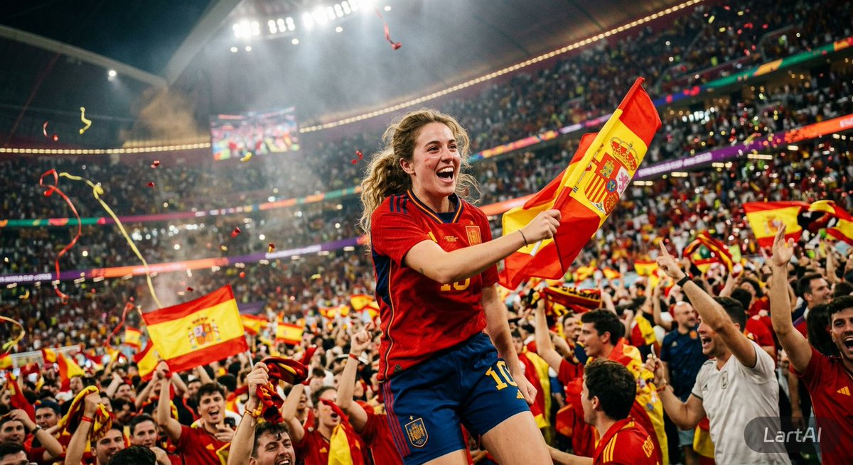 超逼真的2026年国际足联世界杯体育场场景，一名惊艳的年轻女子热情支持西班牙队。她身穿西班牙国家队官方球衣，骄傲地挥舞着一面巨大的西班牙国旗，…, 图片 1