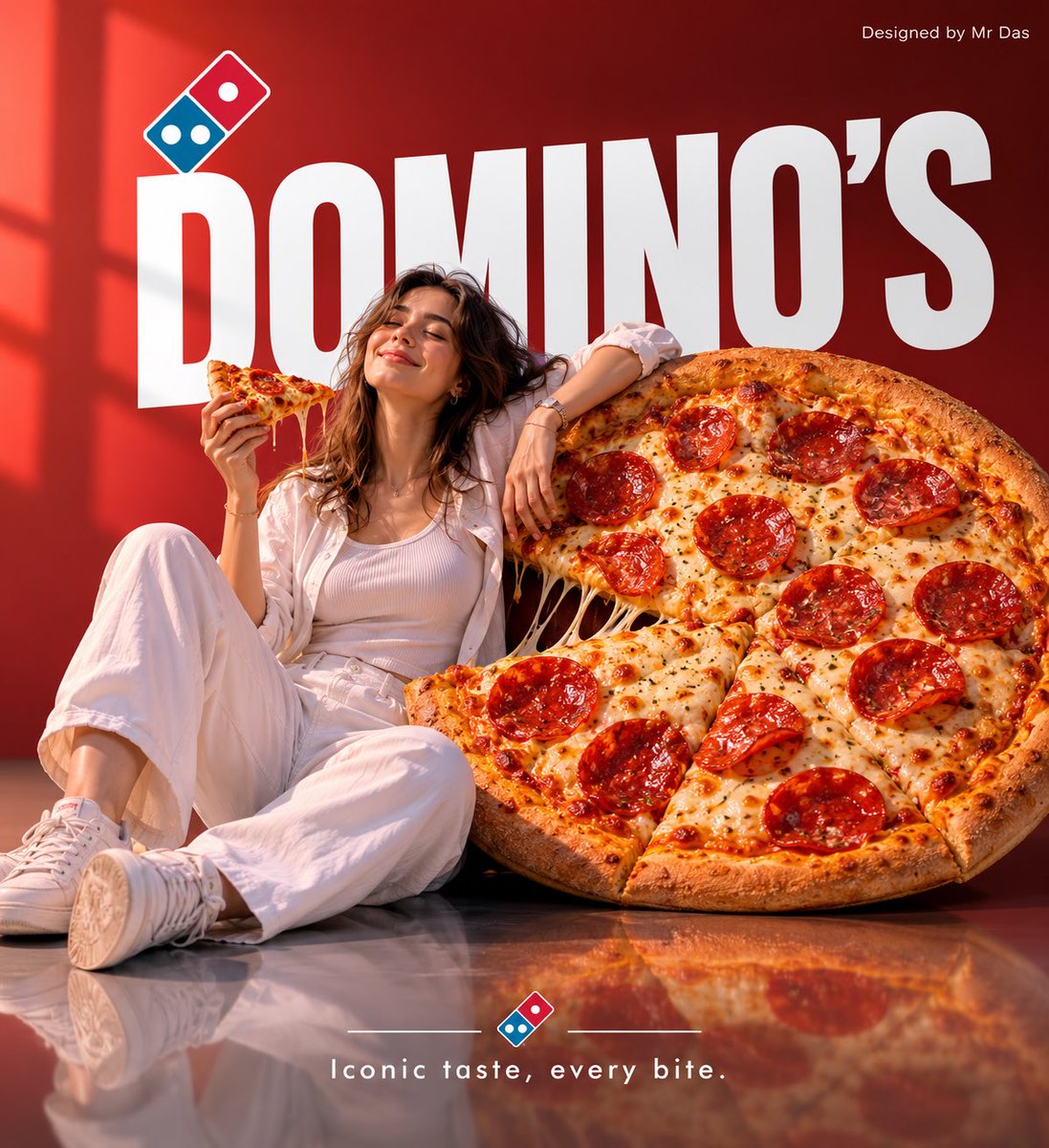 极简风格商业广告,主打超大号 Domino’s 意式辣香肠披萨,设计极为简洁。一名身穿全白服装的年轻女子轻松地斜靠在巨型披萨上,姿态放松而自信…, 图片 1