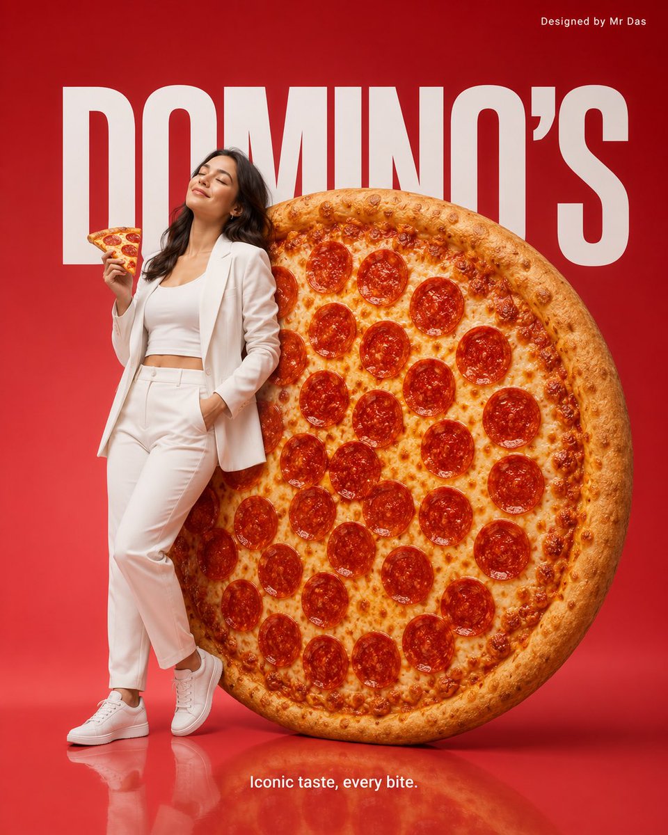 极简风格商业广告,主打超大号 Domino’s 意式辣香肠披萨,设计极为简洁。一名身穿全白服装的年轻女子轻松地斜靠在巨型披萨上,姿态放松而自信…, 图片 2