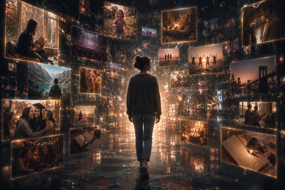 展示我走过一条由漂浮的记忆构成的走廊。每段记忆呈现为一个悬浮在空中的发光电影画面。温暖怀旧的灯光,情感氛围,逼真的人物肖像,梦幻般的叙事,电影…, 图片 2