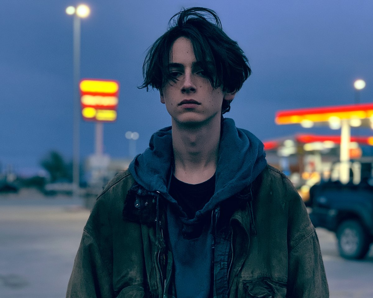 电影感人像:孤独的旅人伫立在蓝色时分的沙漠加油站,空气中弥漫着尘埃,霓虹招牌泛着微光,身着磨损夹克,静谧而暗藏张力,细节逼真写实 --prev…, 图片 1