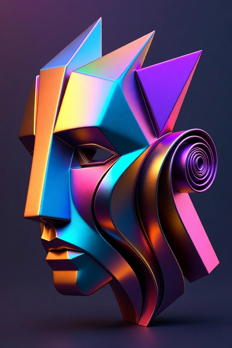 抽象几何 3D 雕塑,形似风格化的侧脸,漂浮在深紫蓝色渐变的虚空中。戏剧性的电影级打光。, 图片 1