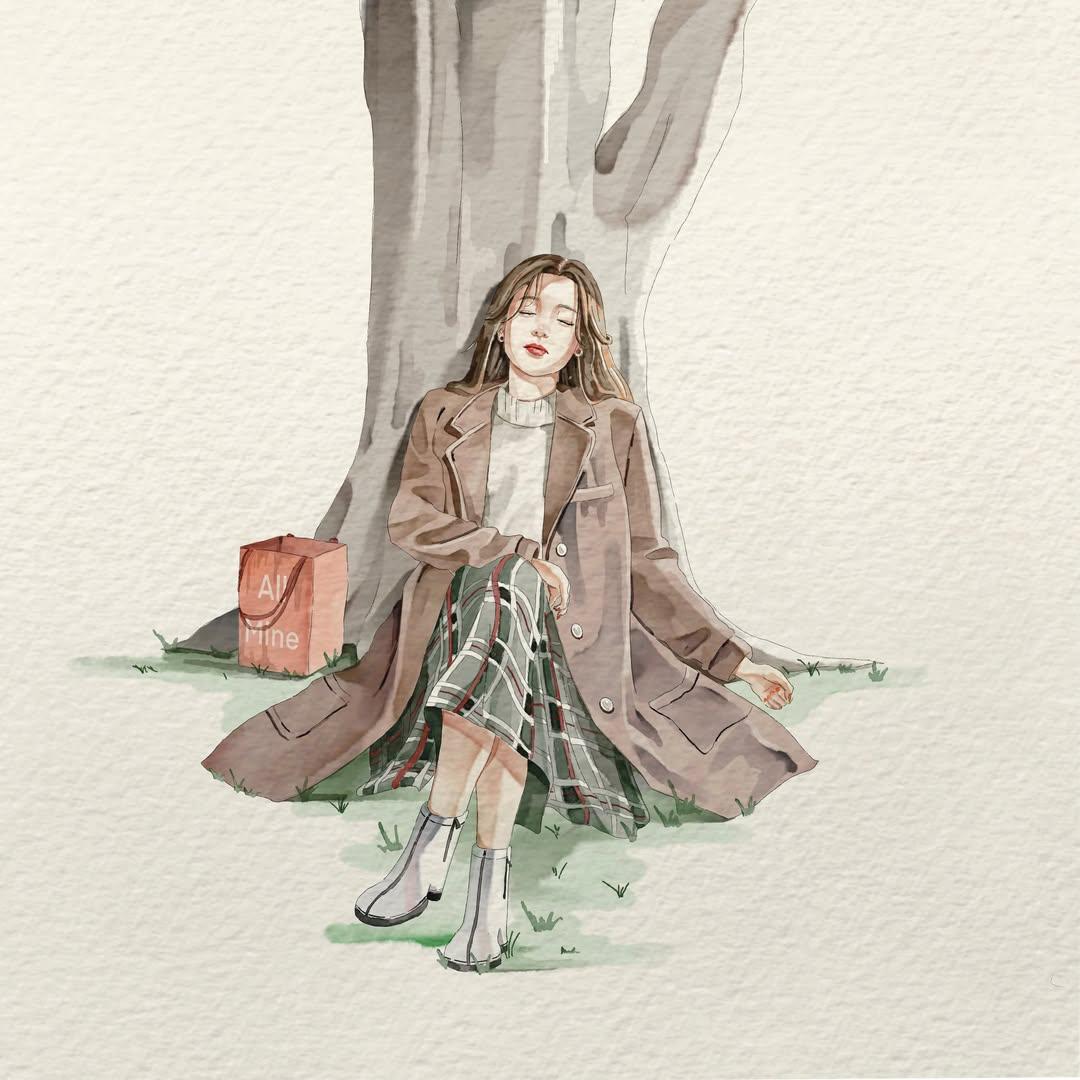 极简水彩插画，画面中一位年轻女子处于自然随性的日常瞬间，柔和的手绘动漫美学，细腻的墨线勾勒，带纹理的水彩纸背景，低饱和度柔和粉彩色调，富有表现…, 图片 1