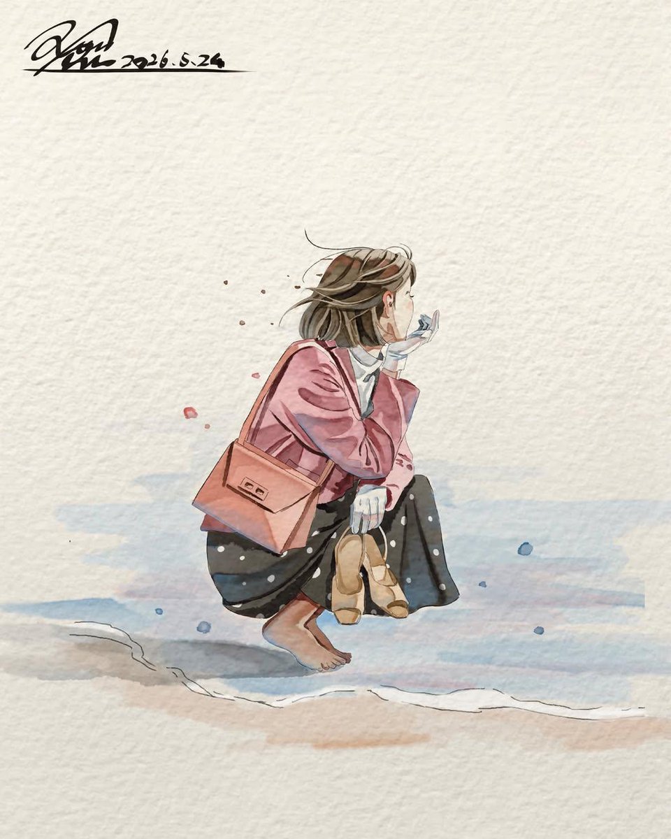极简水彩插画，画面中一位年轻女子处于自然随性的日常瞬间，柔和的手绘动漫美学，细腻的墨线勾勒，带纹理的水彩纸背景，低饱和度柔和粉彩色调，富有表现…, 图片 2