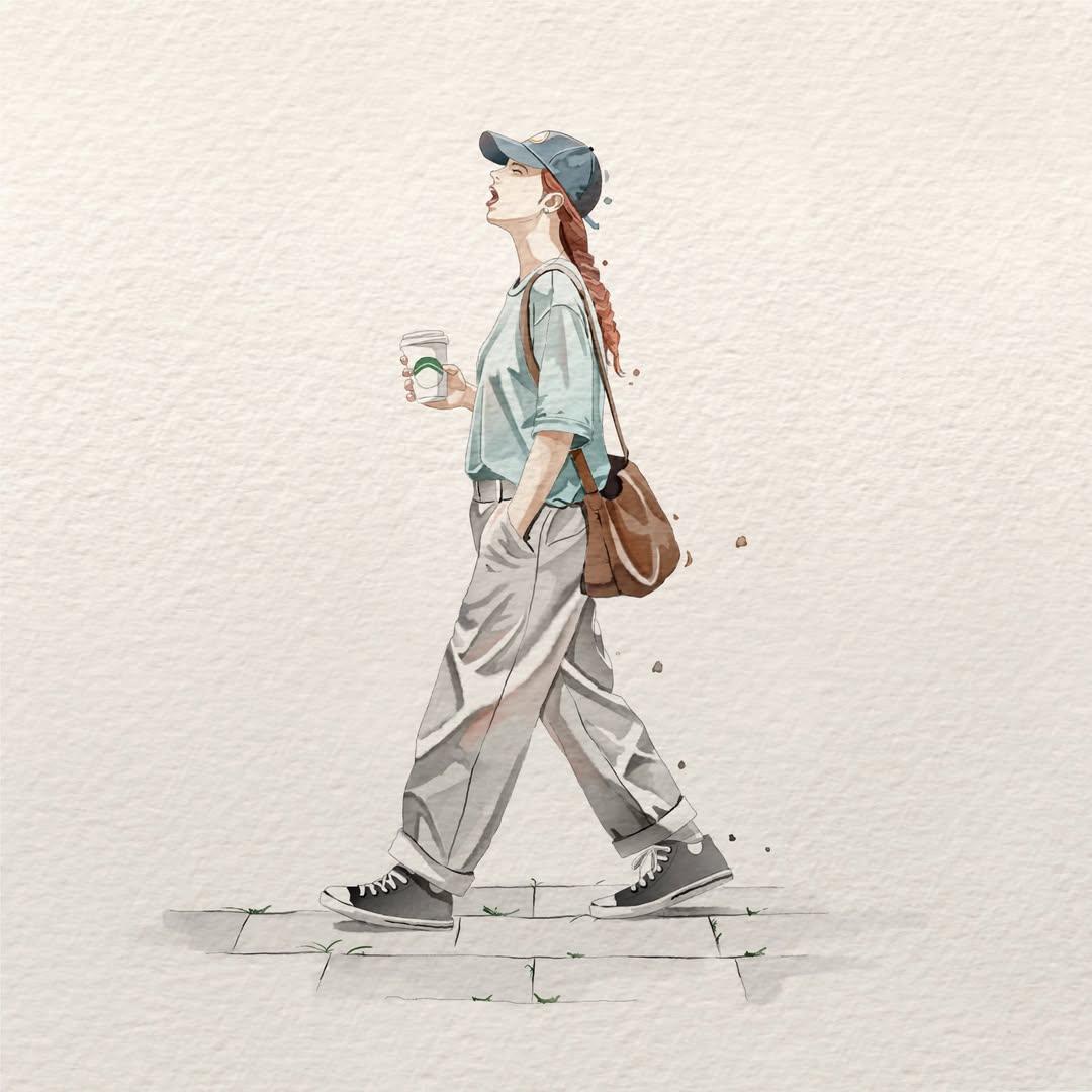 极简水彩插画，画面中一位年轻女子处于自然随性的日常瞬间，柔和的手绘动漫美学，细腻的墨线勾勒，带纹理的水彩纸背景，低饱和度柔和粉彩色调，富有表现…, 图片 4