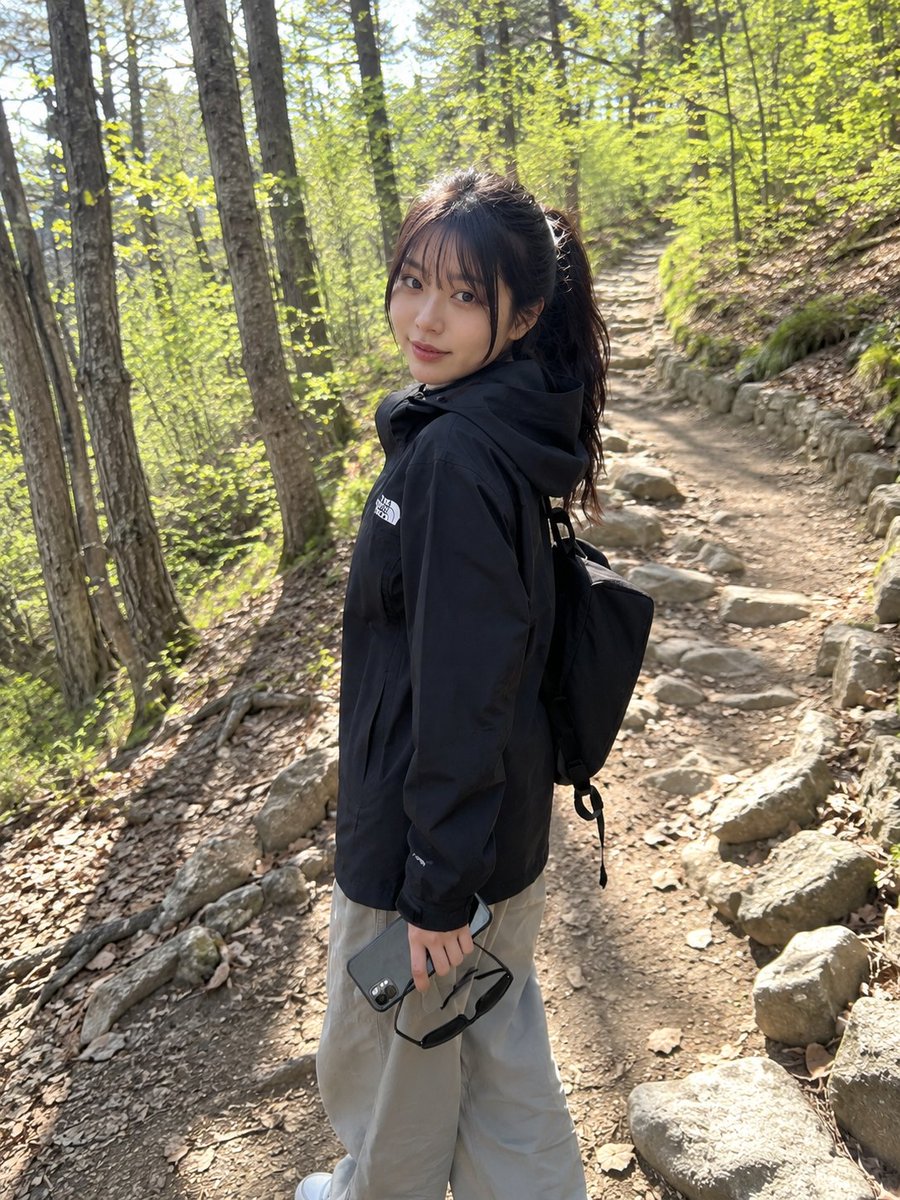 一位年轻的日本女性正在进行轻松的徒步旅行,站在一条崎岖的森林小径上,周围环绕着树木、落叶和自然的林地景色。她身穿一件宽松的黑色户外夹克,搭配宽…, 图片 1