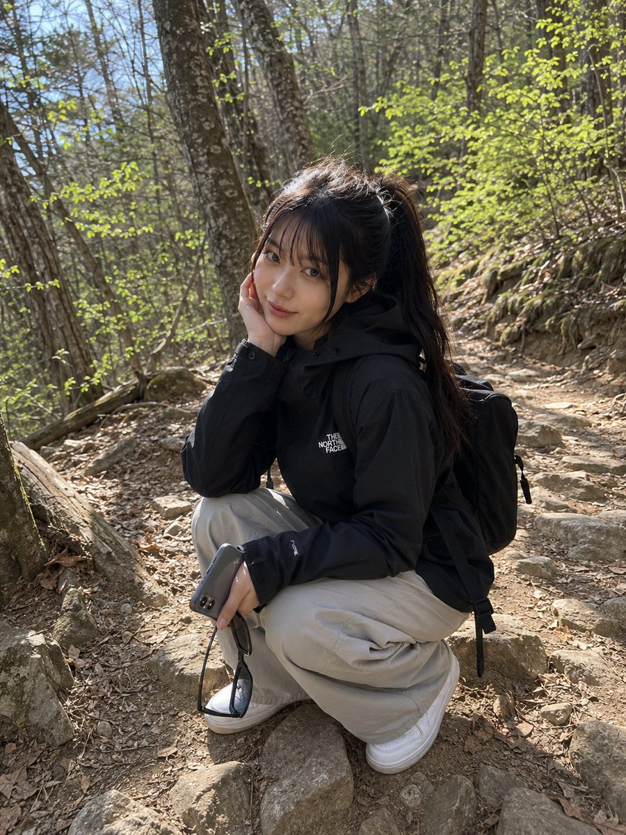 一位年轻的日本女性正在进行轻松的徒步旅行,站在一条崎岖的森林小径上,周围环绕着树木、落叶和自然的林地景色。她身穿一件宽松的黑色户外夹克,搭配宽…, 图片 2