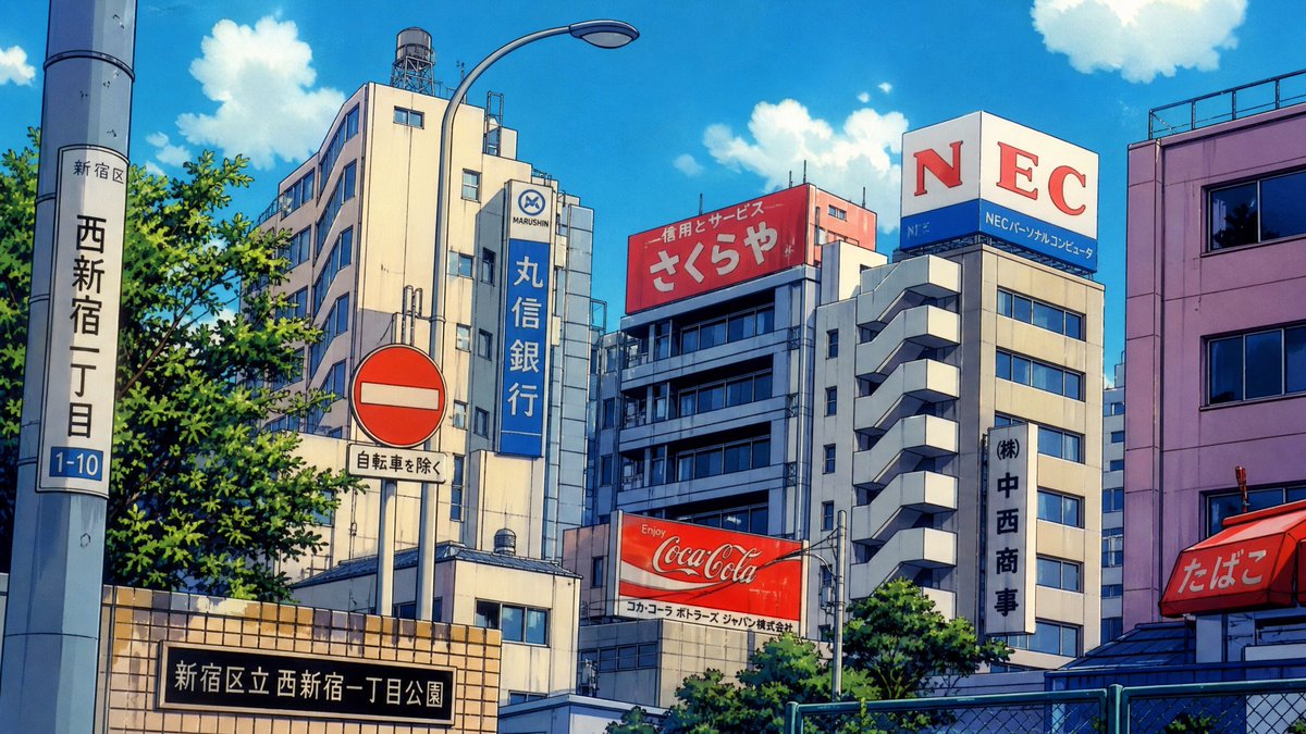 复古1980年代动漫风格，手绘赛璐珞动画，场景设定在所附环境参考图中的阳光明媚的城市街道——高楼林立，遍布日文招牌和广告，蔚蓝天空点缀着朵朵白…, 图片 1