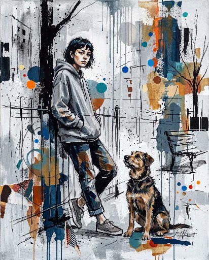 当代混合媒介城市绘画，画中[HUMAN]身着[CLOTHING]，以[POSE]立于[ANIMAL]旁，背景为[SCENERY]。在冷灰色与白…, 图片 2