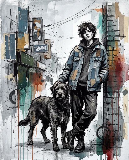 当代混合媒介城市绘画，画中[HUMAN]身着[CLOTHING]，以[POSE]立于[ANIMAL]旁，背景为[SCENERY]。在冷灰色与白…, 图片 3
