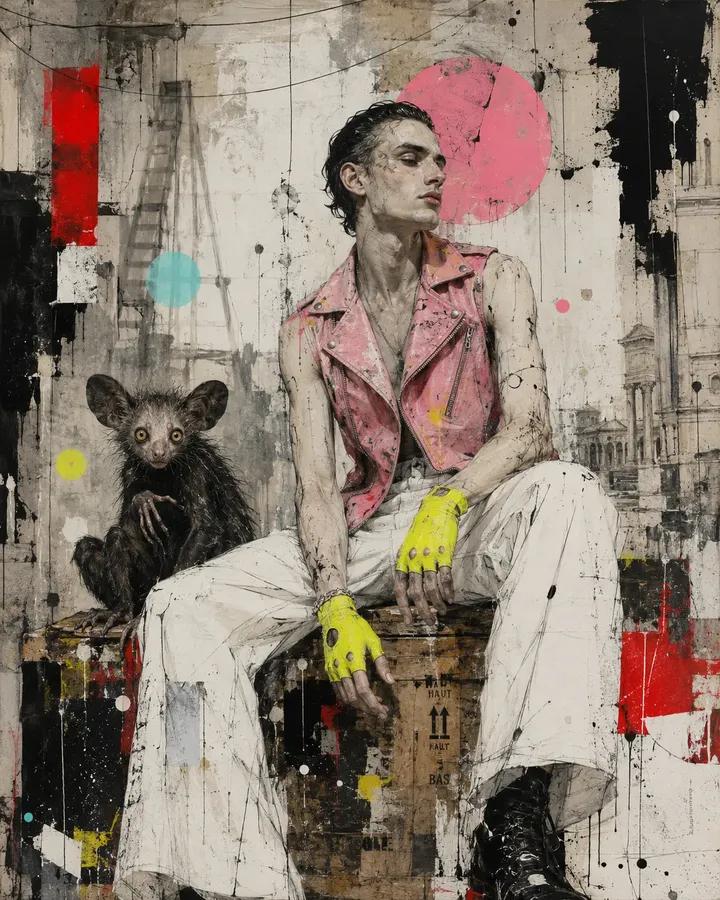 当代混合媒介城市绘画，画中[HUMAN]身着[CLOTHING]，以[POSE]立于[ANIMAL]旁，背景为[SCENERY]。在冷灰色与白…, 图片 4