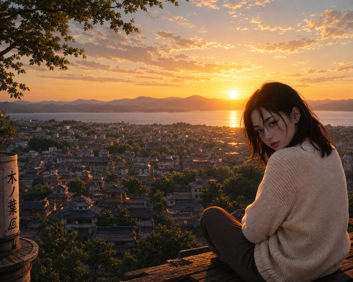 超写实电影感日落场景，一位美丽的年轻女子留着黑色短发，坐在木质屋顶的边缘，身穿米白色超大针织毛衣和深色长裤，以平静而略带神秘的神情回望镜头。下…, 图片 1