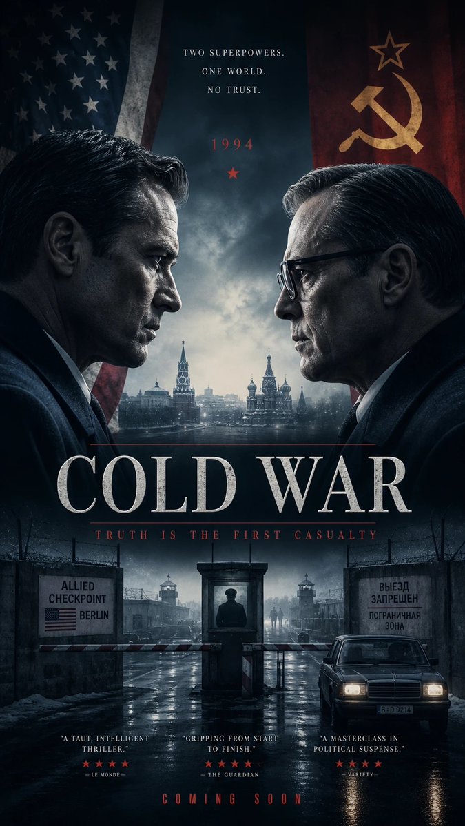 为电影《冷战》(Cold War) 打造一张电影感十足的电影海报，采用传奇国际海报设计师的风格——戏剧级品质、高度张力、世界级完成度。, 图片 1