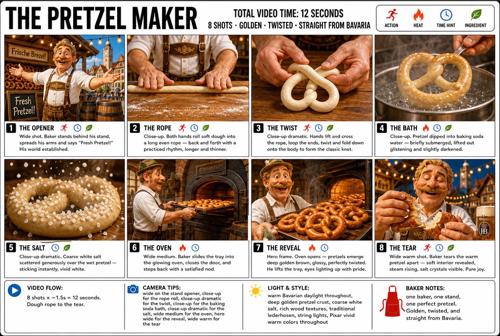 “为「碱水面包师」(THE PRETZEL MAKER) 制作一张清晰、简洁的信息图式故事板海报。宽幅 16:9 布局，白色背景，黑色边框，粗…, 图片 1