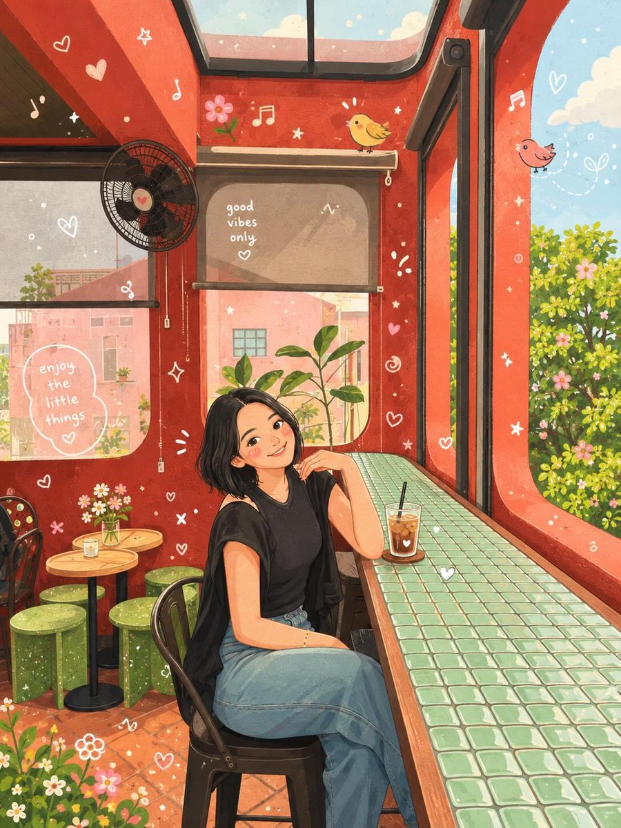 将上传的照片转换为温馨奇趣的童话绘本插画风格，营造温暖的咖啡馆氛围。严格保留原图人物的确切姿势、五官特征、发型、服装以及构图。将场景设定在一间…, 图片 1