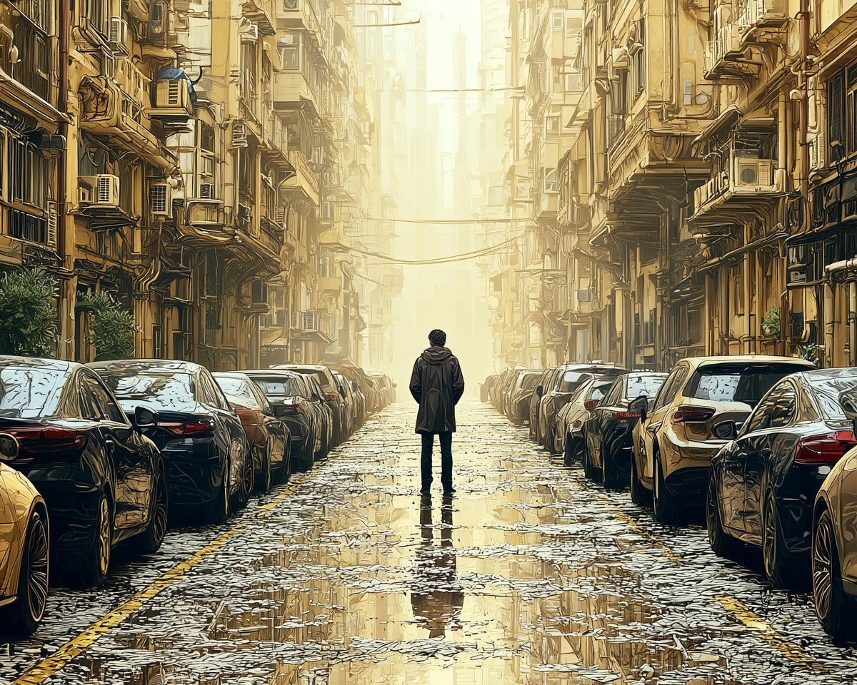 一个孤独的身影站在狭窄的、被雨水浸透的小巷中，层层叠叠的建筑，柔和的雾气，远处的光线，湿润的路面，静谧的电影感氛围, 图片 4