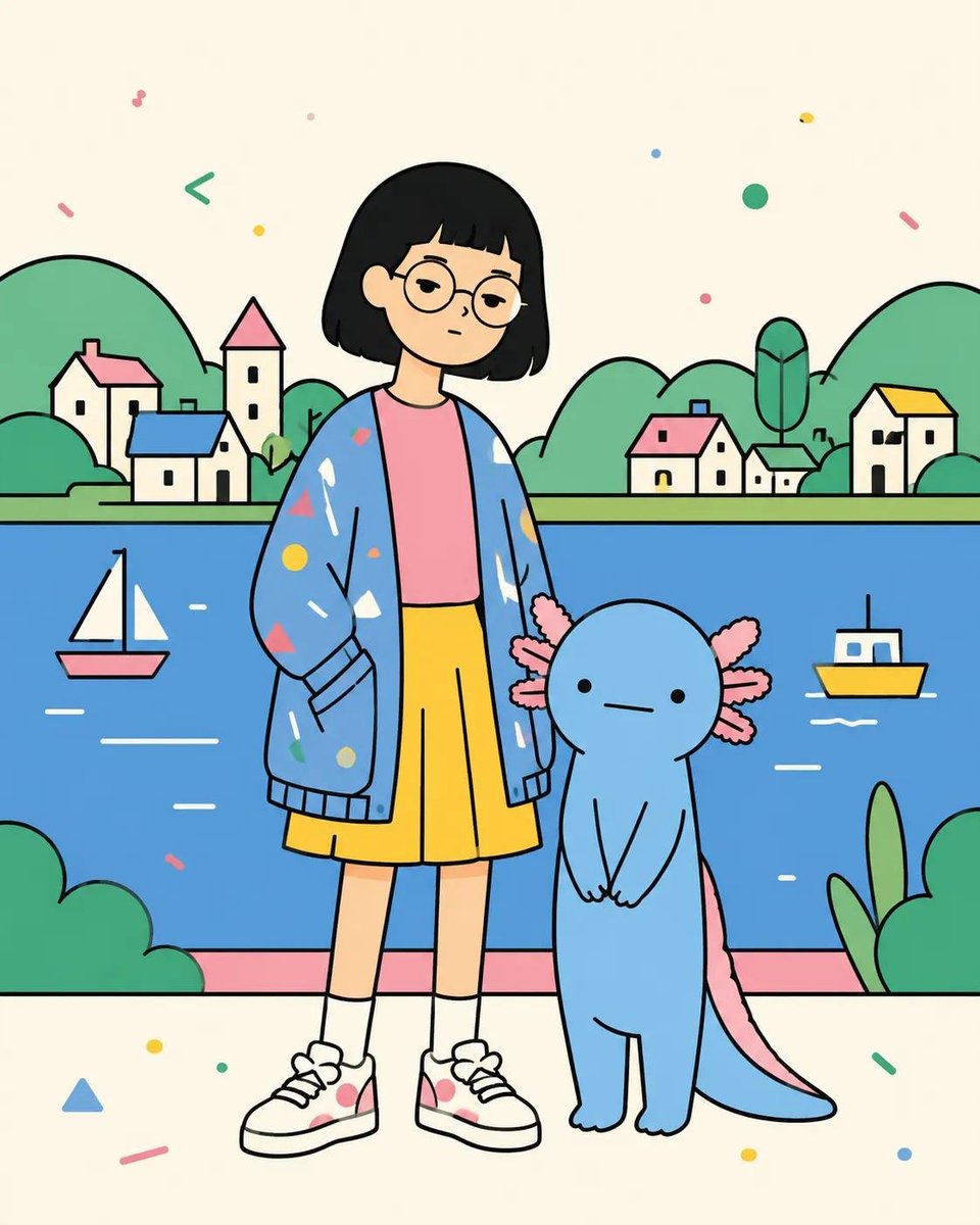 俏皮的扁平矢量海报插画，画面中[HUMAN]与[ANIMAL]以[POSE]姿势合影，身穿[CLOTHING]，背景设定在[SCENERY]。…, 图片 1