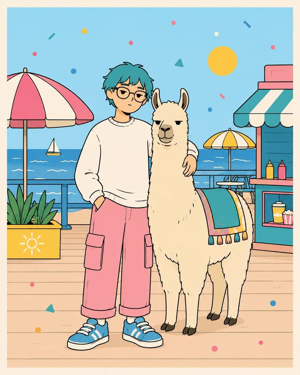 俏皮的扁平矢量海报插画，画面中[HUMAN]与[ANIMAL]以[POSE]姿势合影，身穿[CLOTHING]，背景设定在[SCENERY]。…, 图片 2