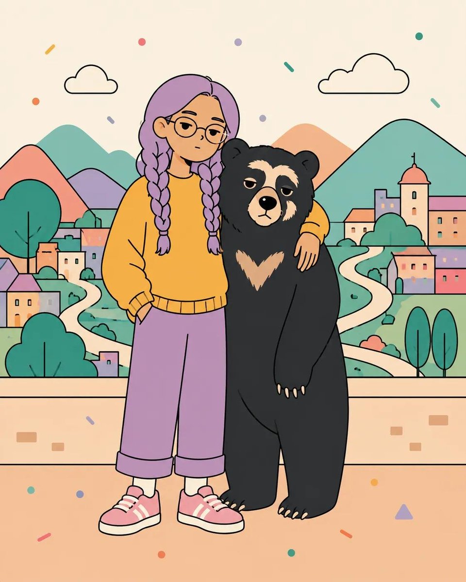 俏皮的扁平矢量海报插画，画面中[HUMAN]与[ANIMAL]以[POSE]姿势合影，身穿[CLOTHING]，背景设定在[SCENERY]。…, 图片 3
