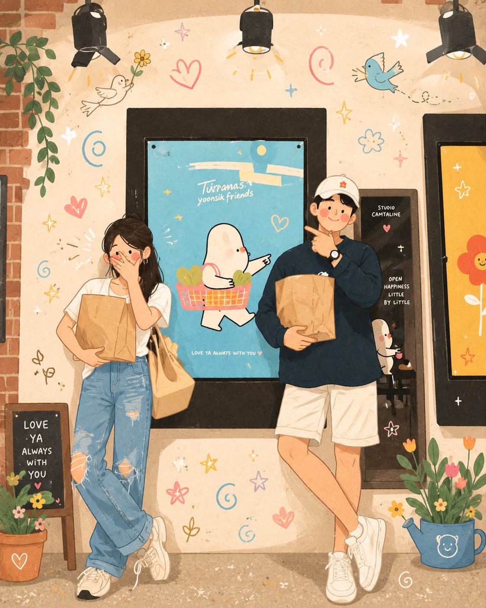 俏皮的韩式插画，柔和的马卡龙色调，温馨舒适的美学，手绘数字艺术，场景中散布着可爱的涂鸦元素（爱心、星星、漩涡、小鸟、花朵、云朵），温暖的阳光与…, 图片 1