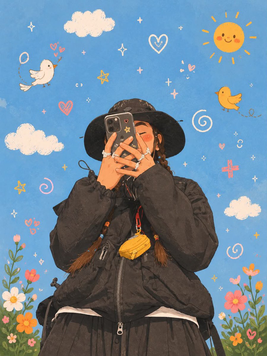 俏皮的韩式插画，柔和的马卡龙色调，温馨舒适的美学，手绘数字艺术，场景中散布着可爱的涂鸦元素（爱心、星星、漩涡、小鸟、花朵、云朵），温暖的阳光与…, 图片 2