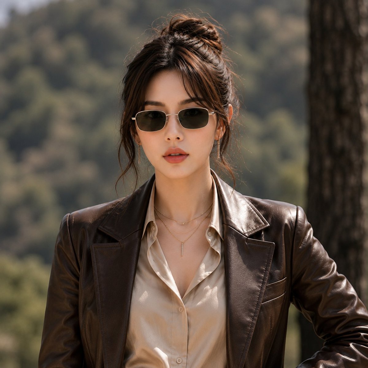 超现实时尚人像,一位优雅女性(参考图像中提供的面部)站在户外山林森林环境中,直视镜头。深棕色头发,蓬松随意的低发髻,脸颊两侧有柔和的碎发垂落,…, 图片 1