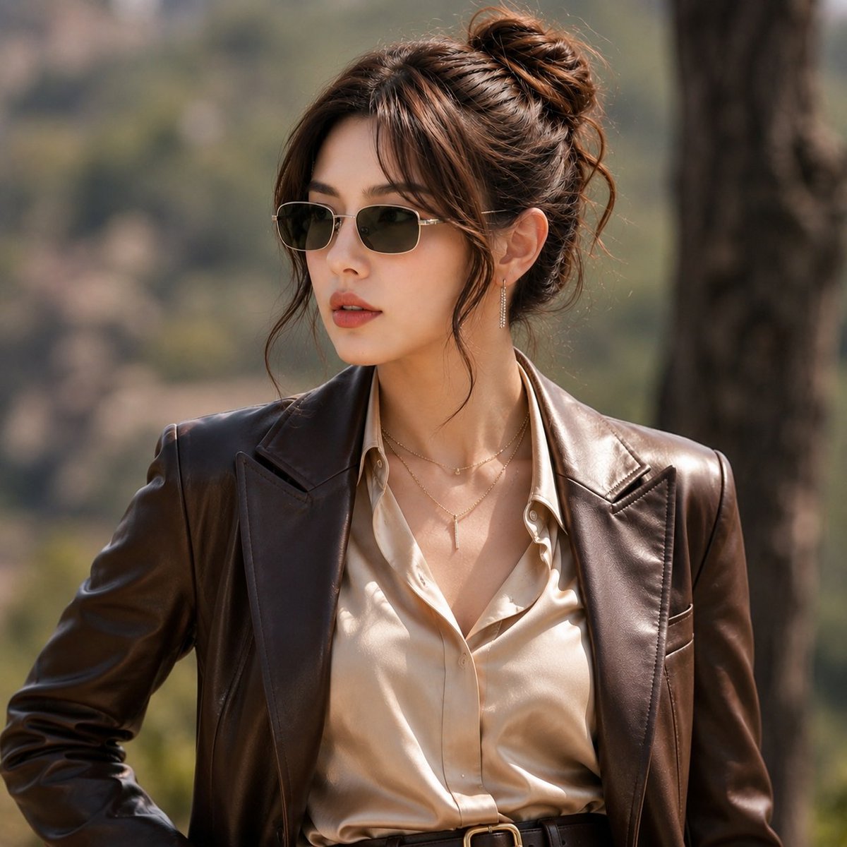 超现实时尚人像,一位优雅女性(参考图像中提供的面部)站在户外山林森林环境中,直视镜头。深棕色头发,蓬松随意的低发髻,脸颊两侧有柔和的碎发垂落,…, 图片 2
