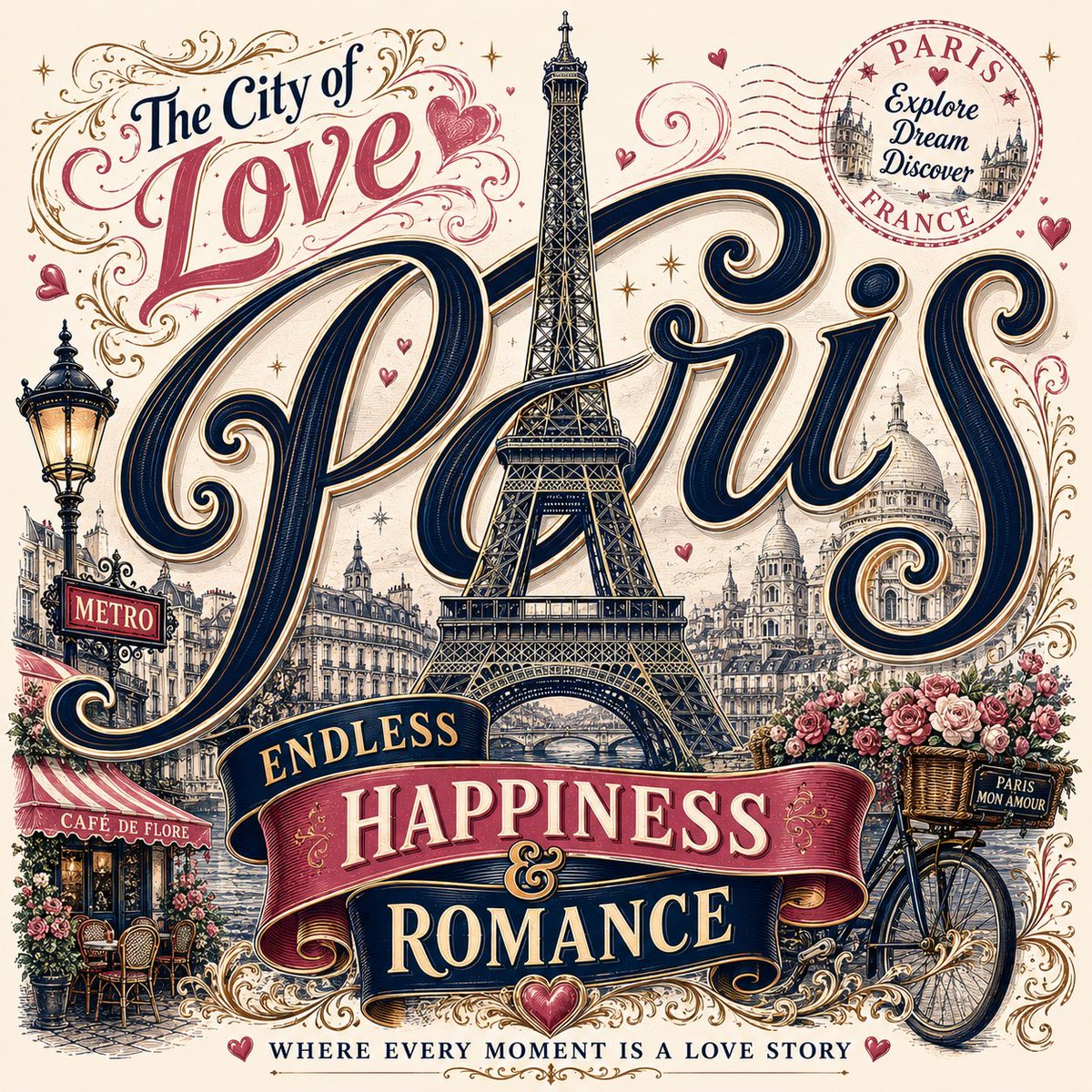 Vintage romantic travel typography poster for Paris designed in an ornate hand-…