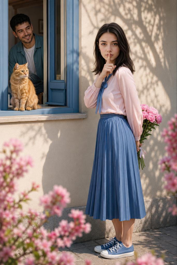 一幅充满活力、高度细致、超现实逼真的图像，呈现一个俏皮的春日场景。一位美丽的年轻女子站在一栋米黄色光滑外墙的房子外，用手指抵在唇边做出一个"嘘…, 图片 1